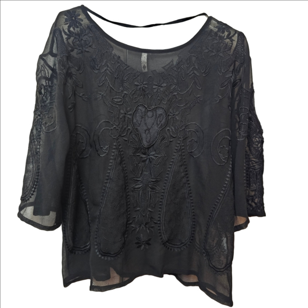 Vintage Mystic Embroidered HEARTS PAISLEY FLOWER Loose Gothic Top